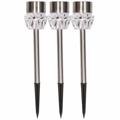 Tuinverlichting LED solar Crystal - 3x stuks - zilver - prikspot - 35 cm - RVS