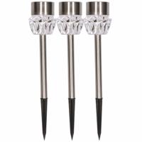 Tuinverlichting LED solar Crystal - 3x stuks - zilver - prikspot - 35 cm - RVS