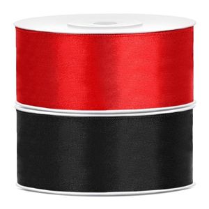 Bellatio decorations 2x rollen satijn sierlint 2.5 cm x 25 meter rood en zwart - Cadeaulinten