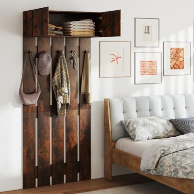 Wandgarderobe met 5 Dubbele Haken & 2-deurs kast Wandgemonteerd Garderobepaneel Bruin