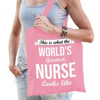 Cadeau tas voor verpleegkundige - roze - katoen - 42 x 38 cm - world's greatest nurse - thumbnail