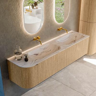 Badmeubel Mondiaz Kurve-Dlux | 175 cm | Meubelkleur Oak | Wastafelkleur Nata | Solid surface | Dubbel / Rechts spoelbak | Zonder kraangat(en)