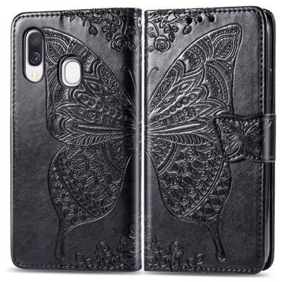 Butterfly Love bloemen reliëf horizontale Flip lederen case voor Galaxy A40 met houder & kaartsleuven & portemonnee & Lanyard (zwart)