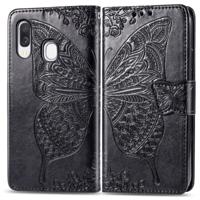 Butterfly Love bloemen reliëf horizontale Flip lederen case voor Galaxy A40 met houder & kaartsleuven & portemonnee & Lanyard (zwart)