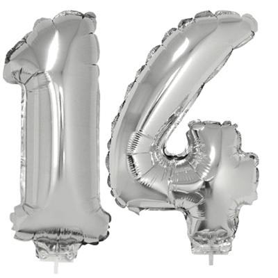 14 jaar leeftijd feestartikelen - versiering cijfers - ballonnen op stokje - van 41 cm - zilver 14 jaar leeftijd feestartikelen - versiering cijfers - ballonnen op stokje - van 41 cm - zilver