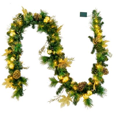 270 cm Kerstslinger met Verlichting 50 Leds Warmwit Kunstmatige Dennenguirlande met Dennenappels Deur Open Haarden Trap