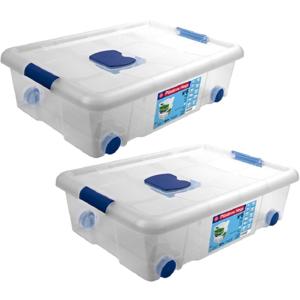 Opbergbox met deksel en wieltjes - 2x - 31L - kunststof - transparant - 61 x 44 x 18 cm