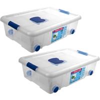 Opbergbox met deksel en wieltjes - 2x - 31L - kunststof - transparant - 61 x 44 x 18 cm