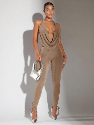 Black Backless Halter Crop Top & Knot Hem Skinny Pants Set Khaki / L
