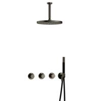 Hotbath Cobber - CB7067 - Inbouw Regendoucheset - Verouderd Ijzer - 2 Stopkranen - Thermostatisch - Plafondbuis 15 cm - Hoofddouche 300 mm - Staafhanddouche - met M106 - Waterbesparend