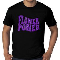 Grote Maten Flower Power t-shirt zwart met paarse letters heren