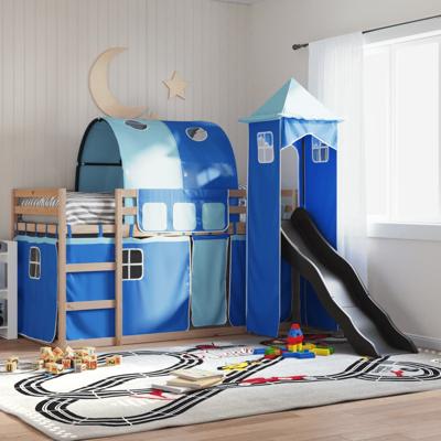 Stapelbed met glijbaan en gordijnen blauw 90x200 cm