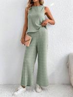 Women's Plain Daily Two-Piece Set Green Casual Summer Top With Pants