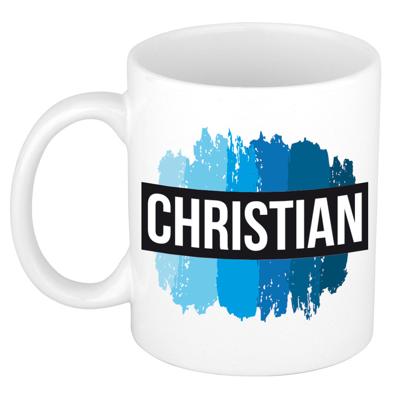 Christian naam cadeau koffie mok - beker - met blauw verfstrepen - Cadeau collega - vaderdag