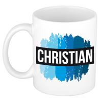Christian naam cadeau koffie mok - beker - met blauw verfstrepen - Cadeau collega - vaderdag