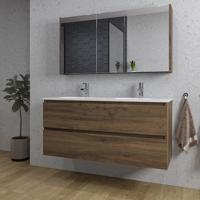 Saniclass Chaci Badkamermeubelset - 120x46x55cm - keramische wastafel wit - 2 ovale wasbakken - 2 kraangaten - 2 lades - spiegelkast - noten (hout) SW1212779/SW1212818/SW812073/SW718719
