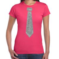 Verkleed t-shirt voor dames - stropdas glitter zilver - roze - carnaval - foute party