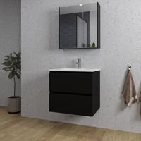 Saniclass Chaci Badkamermeubelset - 60x46x55cm - keramische wastafel wit - 1 ovale wasbak - 1 kraangat - 2 lades - spiegelkast - mat zwart SW1212760/SW1212815/SW1212815/SW718716