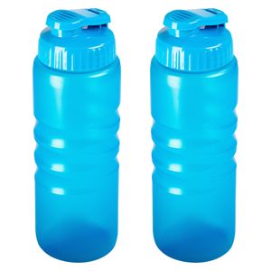 Drinkfles/waterfles/bidon met druksluiting - 2x stuks - 650 ml - transparant/blauw - kunststof