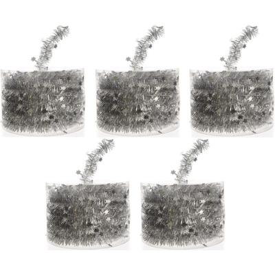 Decoris kerstslinger-guirlande - 5x - met sterren - zilver - glanzende lametta - 700 cm