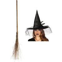 Guirca Heksen verkleed set - voor dames - heksenhoed - met houten heksenbezem van 110 cm