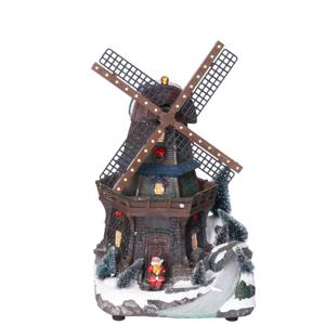 Kerstdorp molen - met draaiende wieken - LED verlichting - 30 cm