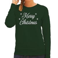 Kersttrui Merry Christmas zilveren glitter letters groen dames - thumbnail