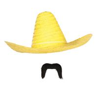 Carnaval verkleed set - Mexicaanse sombrero hoed met plaksnor - geel - heren - thumbnail