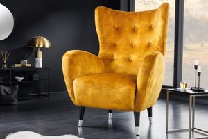 Retro design fauteuil DON mosterdgeel fluweel veerkern zilveren voetdoppen - 42640