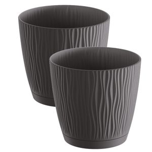 2x stuks stijlvolle kunststof plantenpot/bloempot dia 15 cm/hoogte 14 cm Waves antraciet grijs