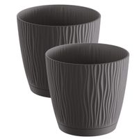 2x stuks stijlvolle kunststof plantenpot/bloempot dia 15 cm/hoogte 14 cm Waves antraciet grijs