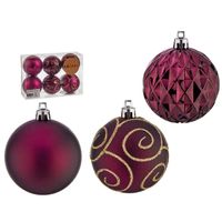 Gedecoreerde kerstballen - 6x stuks - wijn rood - kunststof - 6 cm