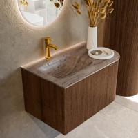 Badmeubel Mondiaz Kurve-Dlux | 75 cm | Meubelkleur Walnut | Wastafelkleur Oza | Solid surface | Wasbak linker zijde spoelbak | 1 kraangat