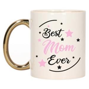 Cadeau koffie/thee mok voor mama - roze met gouden oor - de beste - keramiek - Moederdag