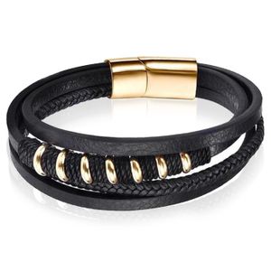 Leren armband Mendes RVS kralen Touw Zwart Goudkleurig-20.5cm