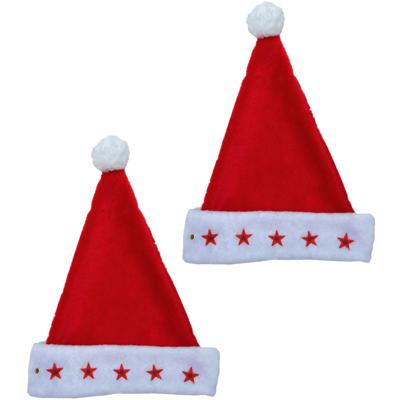 Kerstmuts - 2x stuks - met lichtjes - 3D sterren - polyester - volwassenen