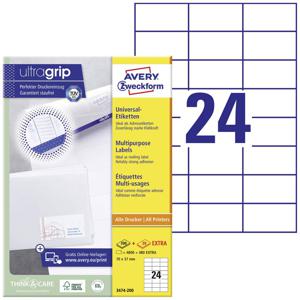 Avery-Zweckform 3475-200 Universele etiketten 70 x 36 mm Papier Wit 5280 stuk(s) Permanent hechtend Inkjet, Laser (zwart/wit), Laser (kleur), Kopiëren