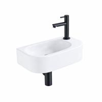 QeramiQ Fuente Fonteinset - 40x21.5x12cm - rechts - glad - halfrond - 1 kraangat - keramiek - fonteinkraan zwart mat - afvoerplug - verlaagd sifon - wit mat SW1209551/SW696205/SW696215/SW696235