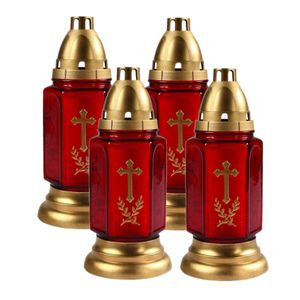 Set van 4x stuks horror decoratie grafkaars/gedenklicht met deksel rood/goud 11 x 24 cm 3 dagen bran