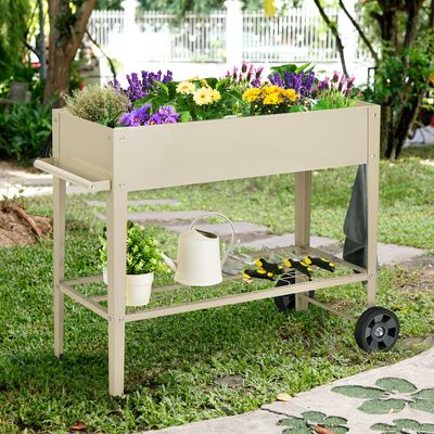 Verhoogd Tuinbed met Plank en 2 Wielen Verhoogd Metalen Tuinbed Plantenbak met Haak en Handvat Groentebed Kruidenbed Groot