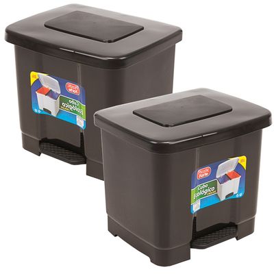 2x stuks dubbele afvalemmer/vuilnisemmer donkergrijs 35 liter met deksel en pedaal