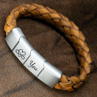 Dubbele vingerafdruk op armband - Gevlochten (licht) bruin leer (Kleur: Lichtbruin leder)