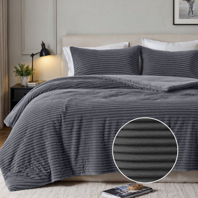 Dekbedovertrek Teddy Rib - Lits-Jumeaux (240x220 Cm) - Antraciet Microvezel Teddy - Strepen - Fresh And Co - Dekbed-Discounter.nl