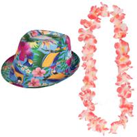 Hawaii thema party verkleedset - Hoedje Tropical print - bloemenkrans roze mix - Tropical toppers