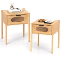 Bamboe Nachttje Bijzettafeltje met Lade van Gehard Glas Vierkant Nachtkastje set van 2