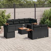 9-delige Loungeset met kussens poly rattan zwart