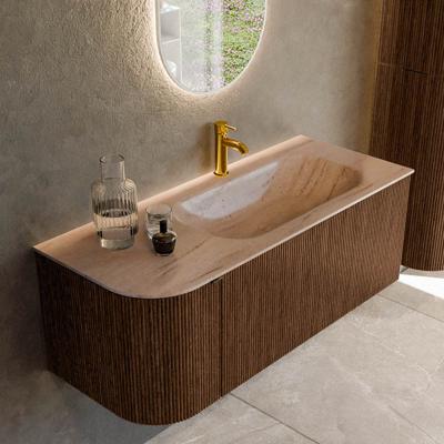 Badmeubel Mondiaz Kurve-Dlux | 115 cm | Meubelkleur Walnut | Wastafelkleur Saba | Solid surface | Wasbak rechter zijde spoelbak | 1 kraangat