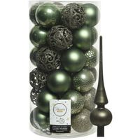 37x stuks kunststof kerstballen 6 cm incl. matte glazen piek mosgroen - Kerstbal - thumbnail