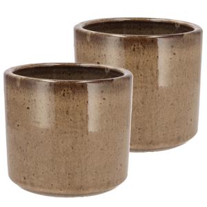 DK Design Bloempot rond model Brown Glaze - 2x - taupe - D14 x H15 cm - glanzend