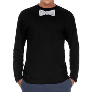 Zwart long sleeve t-shirt met zilveren strikdas voor heren 2XL  -